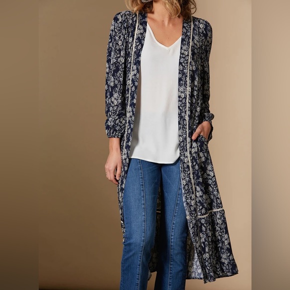 Blue Floral Longline Kimono Duster Jacket NWT - Picture 9 of 11